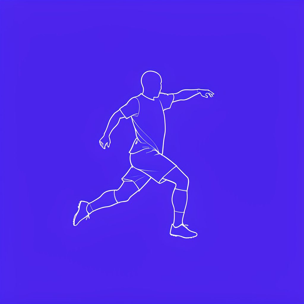 진한 보라색 배경에 미니멀한 흰색 선으로 그려진 축구 선수의 역동적인 슛 동작 실루엣