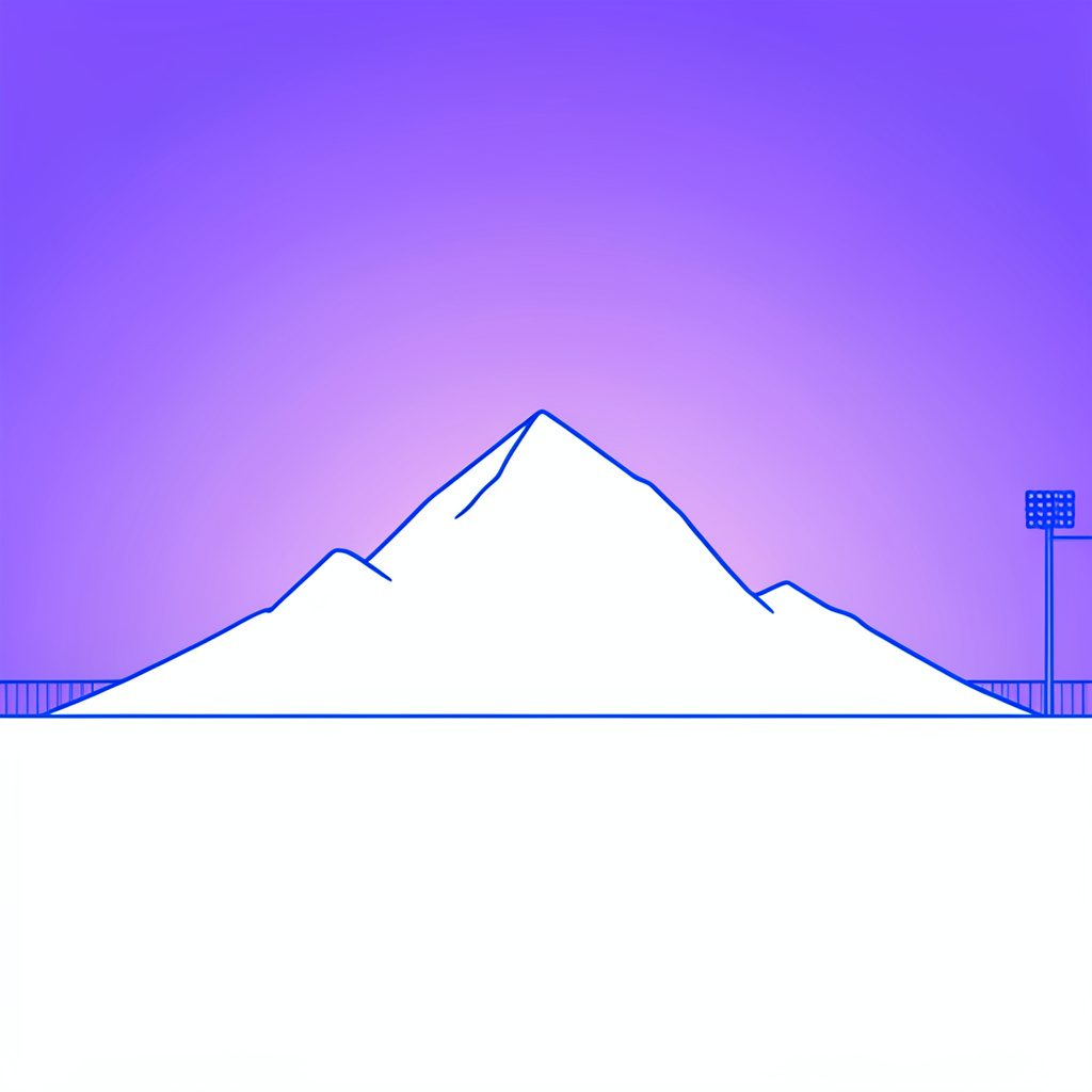 보라색 그라데이션 배경에 미니멀한 흰색 산과 경기장 실루엣