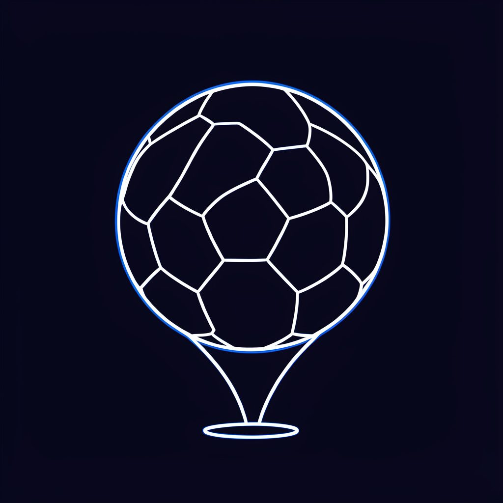 짙은 남색 배경에 흰색 라인 드로잉으로 표현된 축구공과 위치 핀